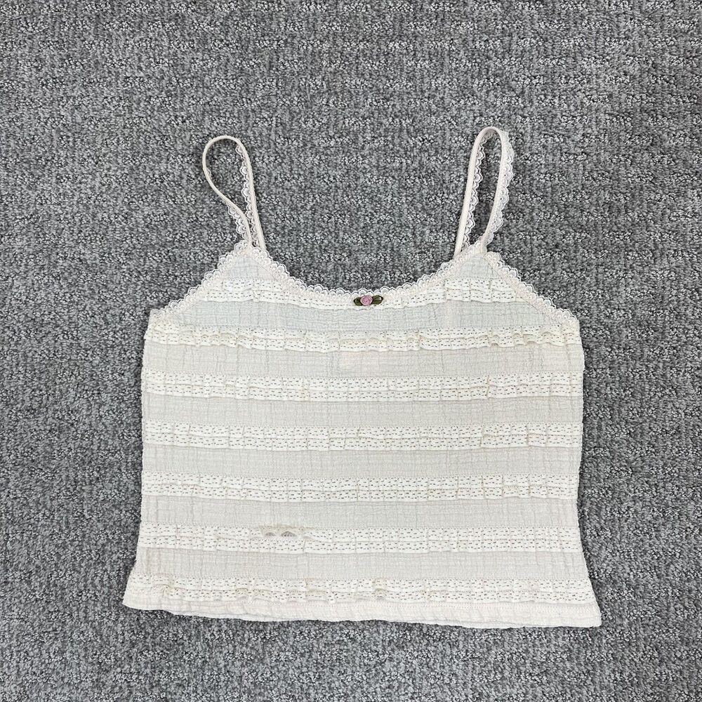 Good Luck Gem Camisole Tank Top Women Medium Cream Lace Bow Cropped Y2K Coquette